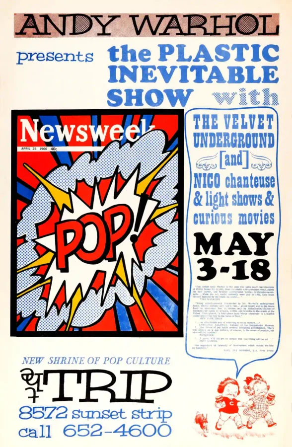 Velvet Underground, Andy Warhol 1966 the Trip, Los Angeles Concert Poster featuring cream, blue, and gray vertical artwork.