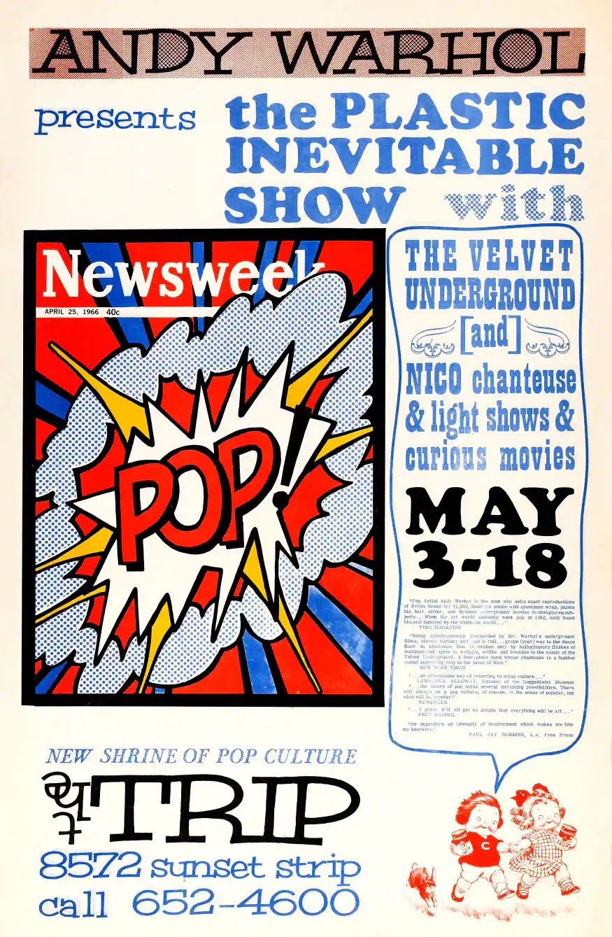 Velvet Underground, Andy Warhol 1966 the Trip, Los Angeles Concert Poster featuring cream, blue, and gray vertical artwork.