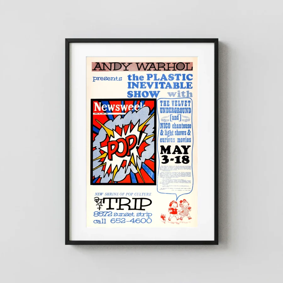 Velvet Underground, Andy Warhol 1966 the Trip, Los Angeles Concert Poster featuring cream, blue, and gray vertical artwork.