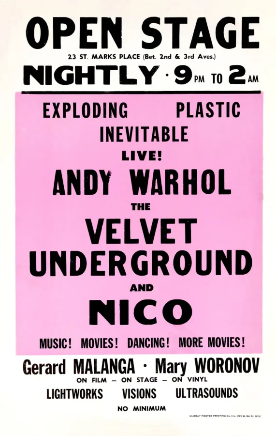 Velvet Underground, Andy Warhol and Nico poster with white, pink, and light gray artwork and period lettering.