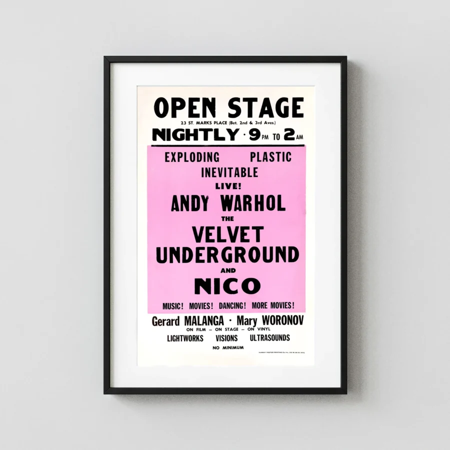 Velvet Underground, Andy Warhol and Nico poster with white, pink, and light gray artwork and period lettering.