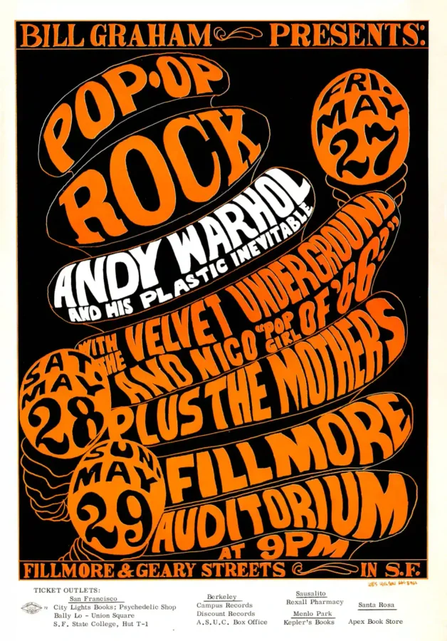 Velvet Underground, Frank Zappa, Andy Warhol poster with black, white, and orange artwork and period lettering.