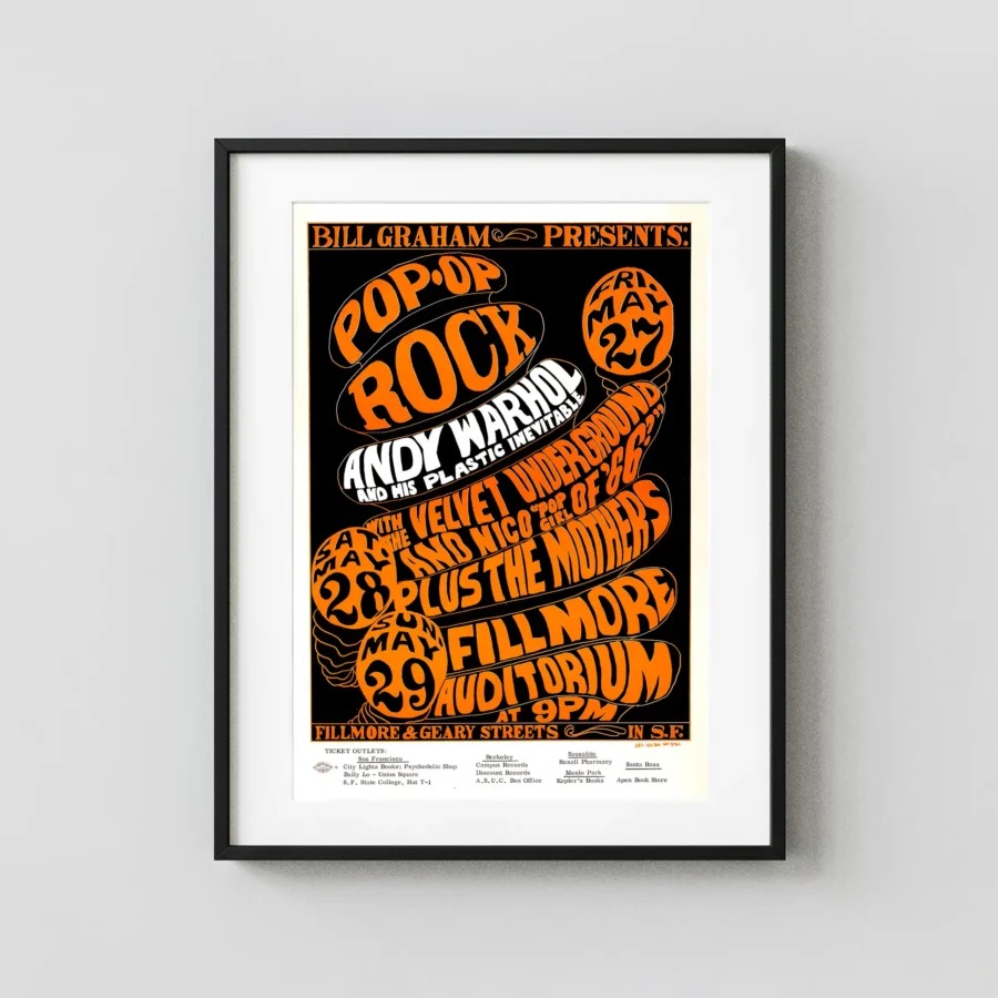 Velvet Underground, Frank Zappa, Andy Warhol poster with black, white, and orange artwork and period lettering.