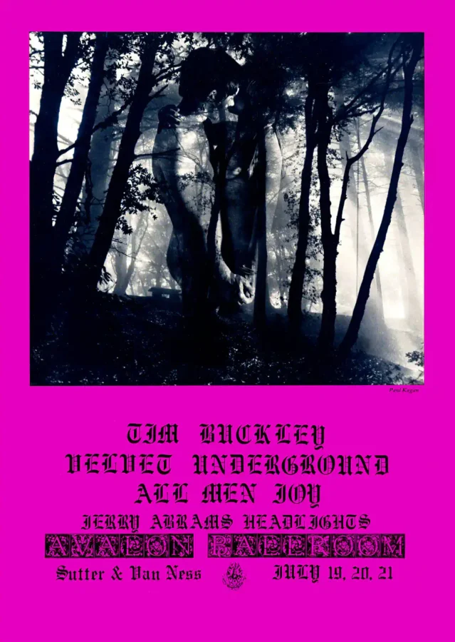 Velvet Underground, Tim Buckley 1968 Avalon Ballroom Concert Poster featuring magenta, black, and white vertical artwork.