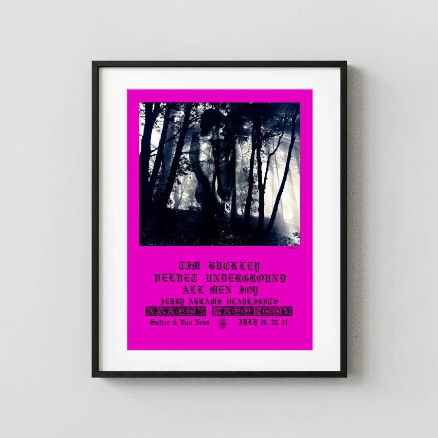 Velvet Underground, Tim Buckley 1968 Avalon Ballroom Concert Poster featuring magenta, black, and white vertical artwork.