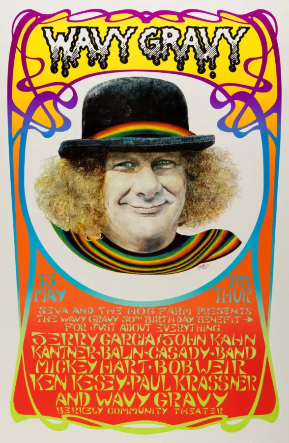 Wavy Gravy 1986 Birthday Party Poster featuring light gray, orange, and yellow vertical artwork.