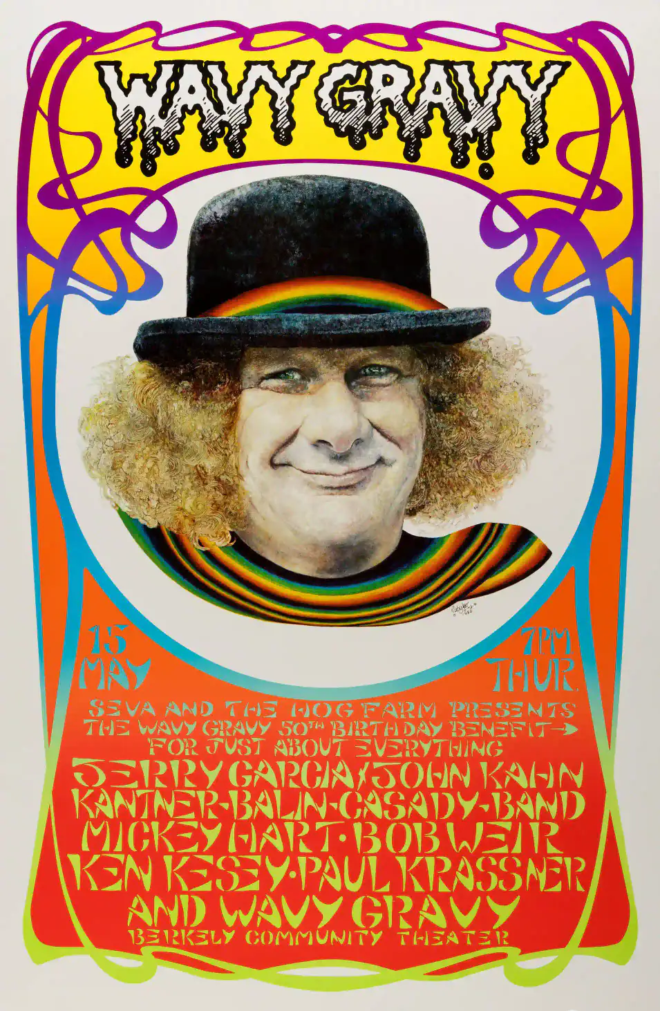 Wavy Gravy 1986 Birthday Party Poster featuring light gray, orange, and yellow vertical artwork.