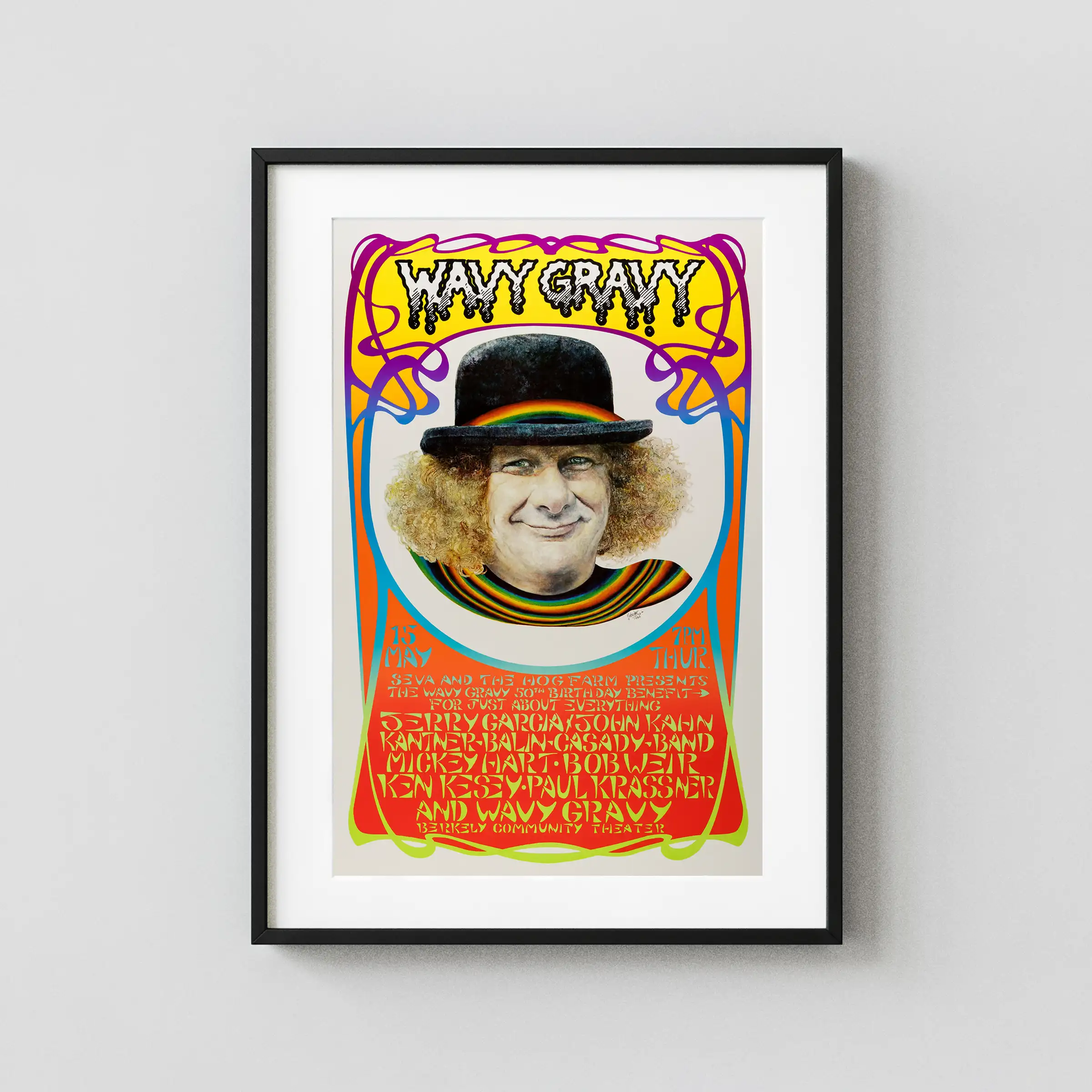 Wavy Gravy 1986 Birthday Party Poster featuring light gray, orange, and yellow vertical artwork.