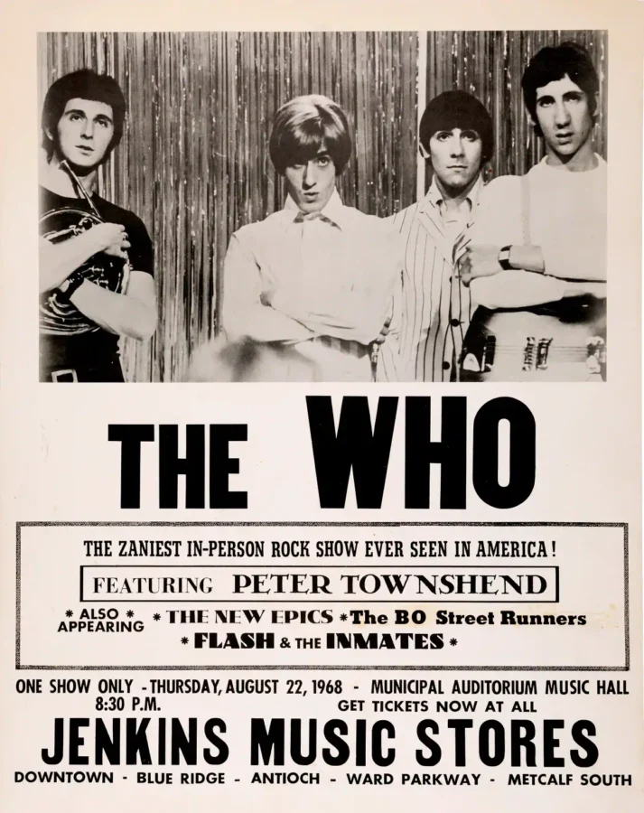 Who Municipal Auditorium Music Hall Concert Poster (1968) featuring rose, gray, and white vertical artwork.
