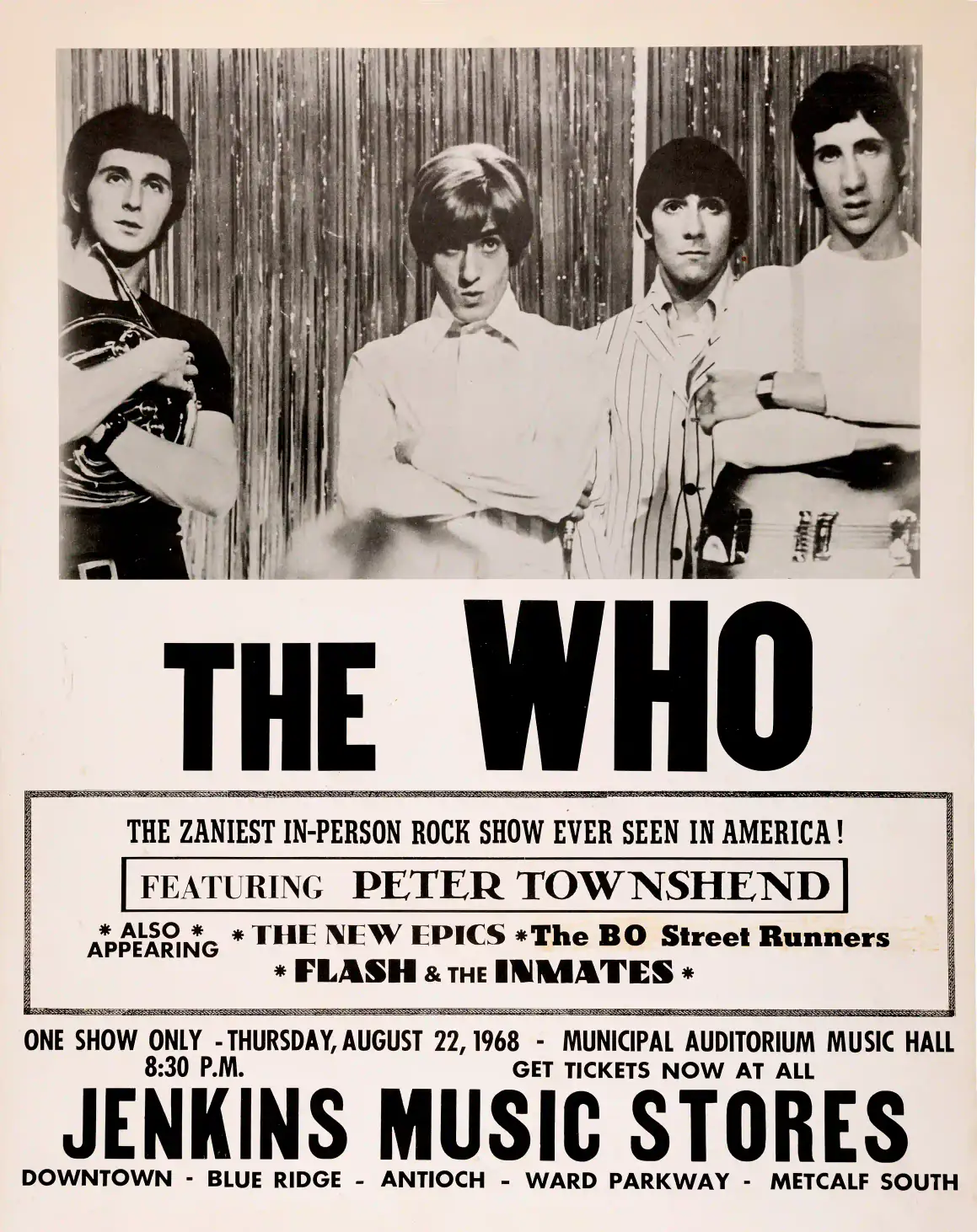 Who Municipal Auditorium Music Hall Concert Poster (1968) featuring rose, gray, and white vertical artwork.