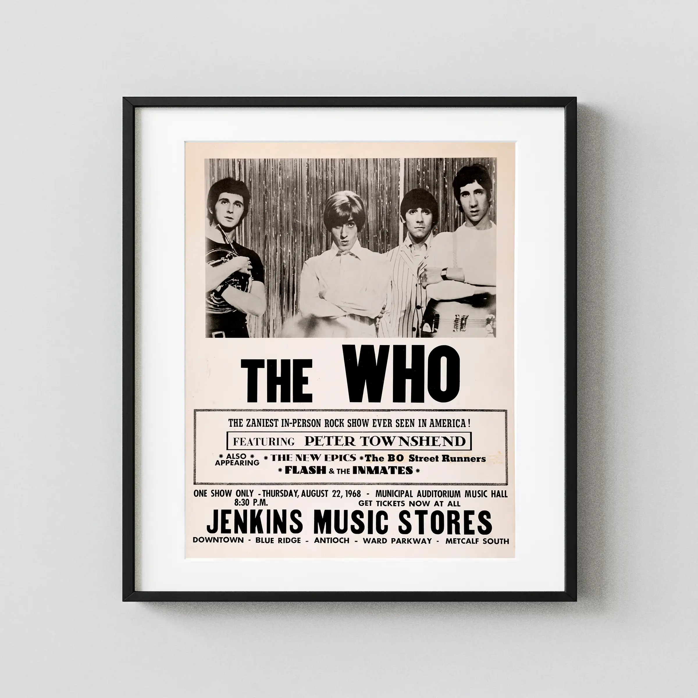 Who Municipal Auditorium Music Hall Concert Poster (1968) featuring rose, gray, and white vertical artwork.