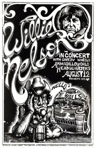 Willie Nelson 1972 Austin, TX Armadillo Concert Poster