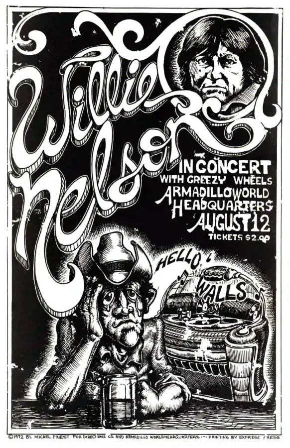Willie Nelson 1972 Austin, TX Armadillo Concert Poster featuring white, gray, and black vertical artwork.