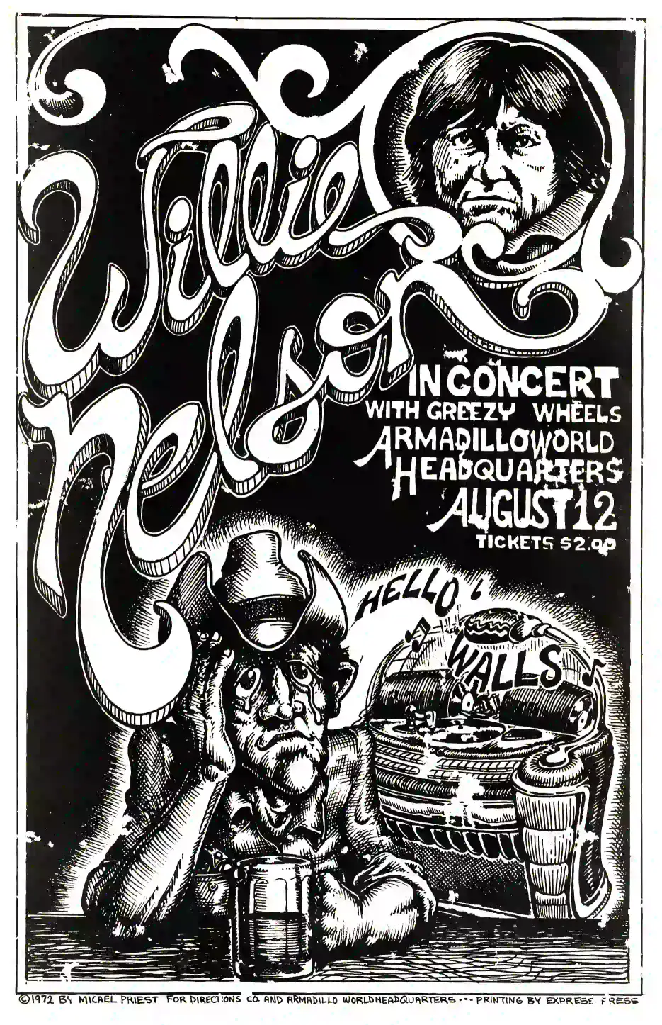 Willie Nelson 1972 Austin, TX Armadillo Concert Poster featuring white, gray, and black vertical artwork.