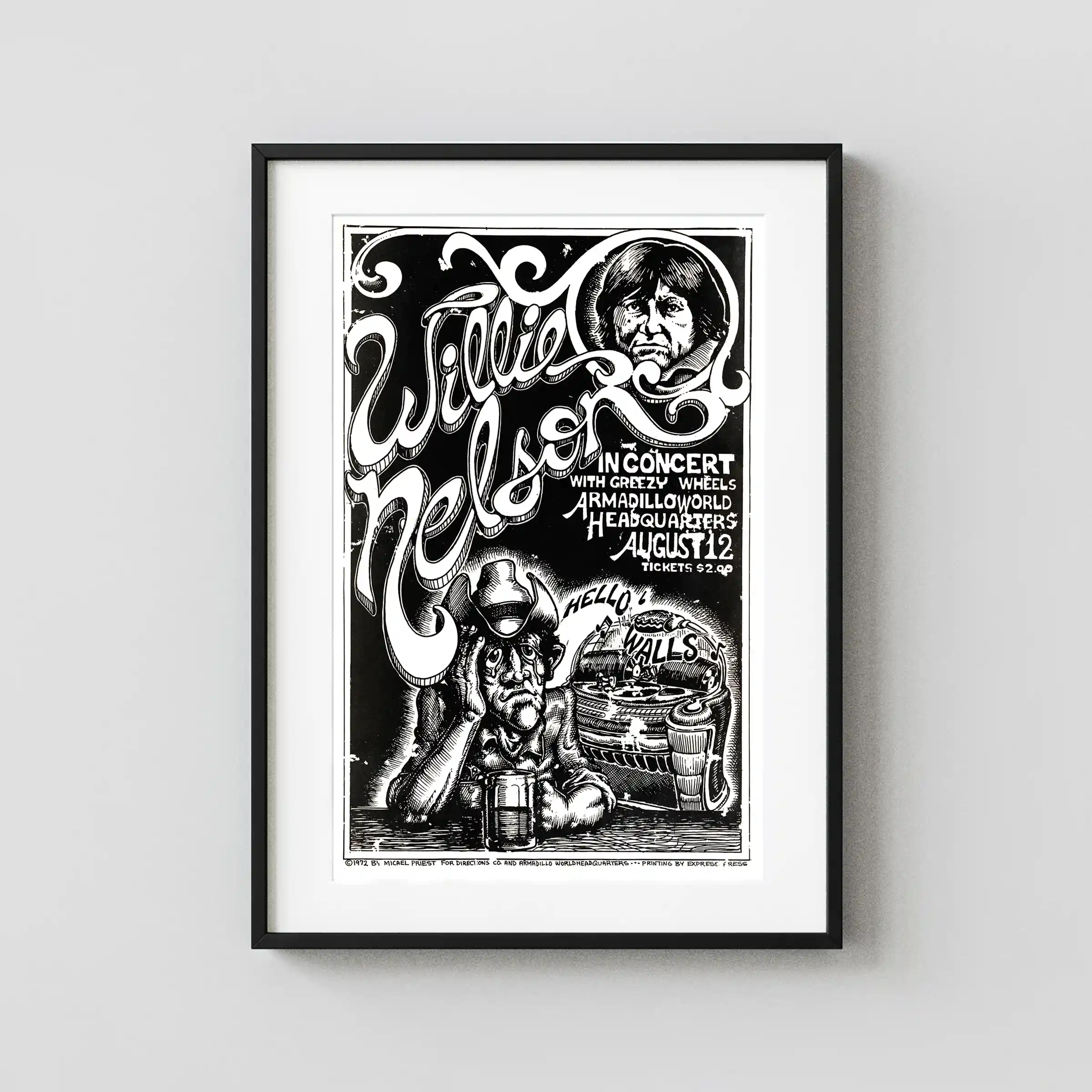 Willie Nelson 1972 Austin, TX Armadillo Concert Poster featuring white, gray, and black vertical artwork.