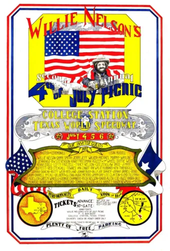 Willie Nelson, Leon Russell, Jimmy Buffett 1974 Second Annual 4th of July Poster