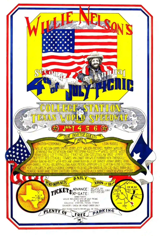 Willie Nelson, Leon Russell, Jimmy Buffett poster with white, rose, and yellow artwork and period lettering.
