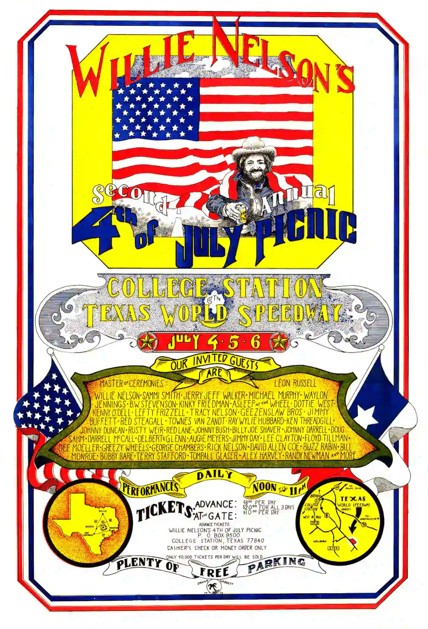 Willie Nelson, Leon Russell, Jimmy Buffett poster with white, rose, and yellow artwork and period lettering.