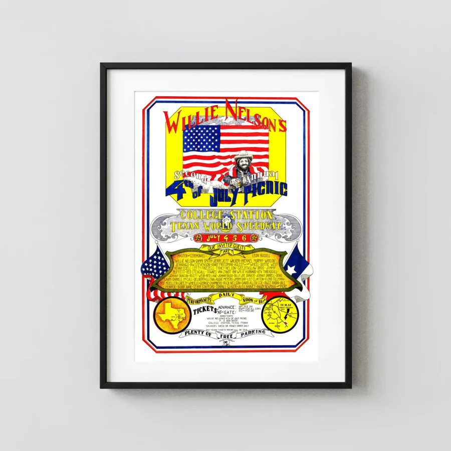 Willie Nelson, Leon Russell, Jimmy Buffett poster with white, rose, and yellow artwork and period lettering.