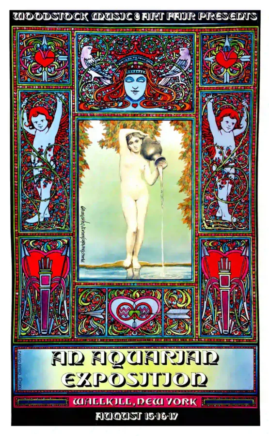 Woodstock Festival 1969 Location Poster featuring white, charcoal, and gray vertical artwork.