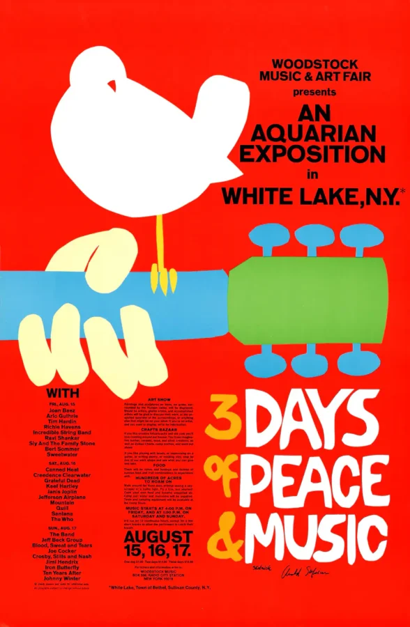 Woodstock Festival Poster Artist Arnold Skolnick (1969) featuring red, white, and rose vertical artwork.