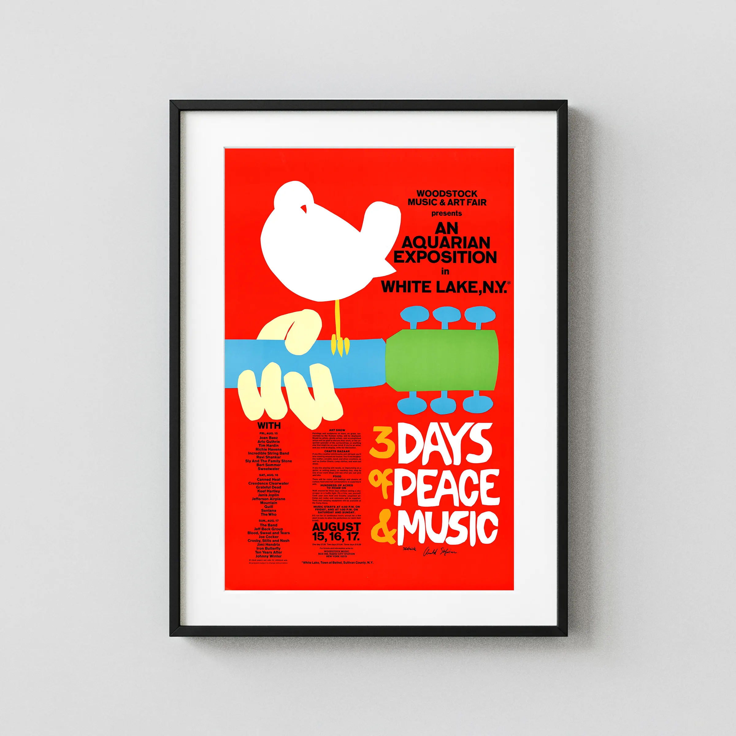 Woodstock Festival Poster Artist Arnold Skolnick (1969) featuring red, white, and rose vertical artwork.