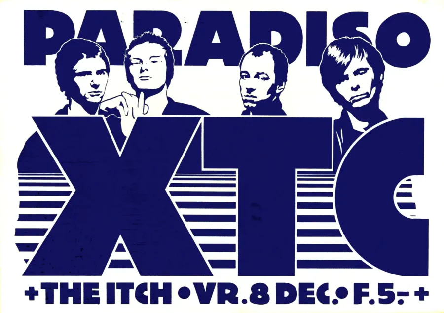 XTC, the Itch 1978 Amsterdam, the Netherlands Concert Poster featuring white, navy, and light gray vertical artwork.