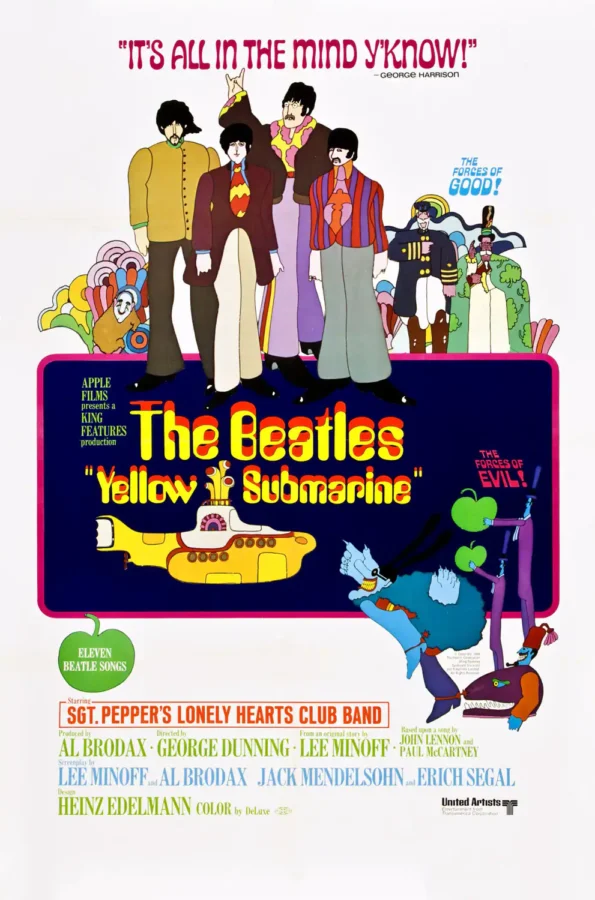 Yellow Submarine (United Artists, 1968) Music Poster featuring white, navy, and cream vertical artwork.