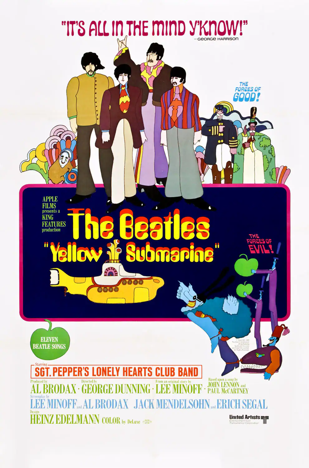 Yellow Submarine (United Artists, 1968) Music Poster featuring white, navy, and cream vertical artwork.