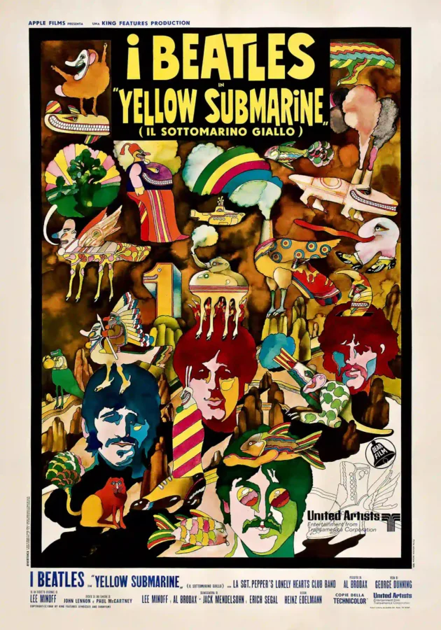 Yellow Submarine (United Artists, 1968) Music Poster featuring rose, black, and brown vertical artwork.