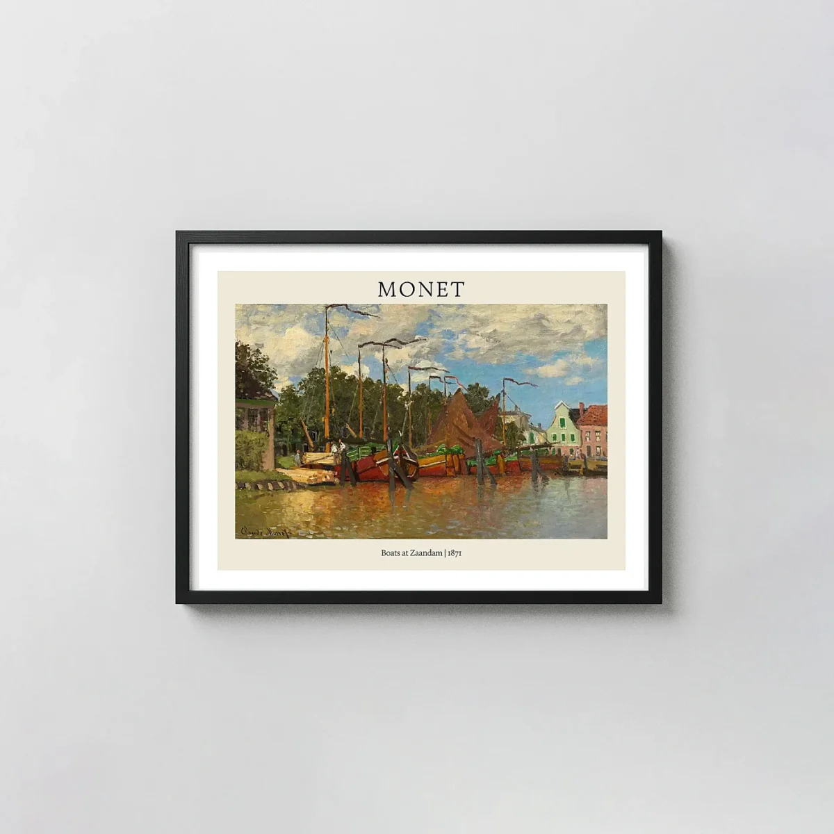 Monet's Boats at Zaandam (1871) Dutch Landscape Impressionist Claude Monet Paintings xe2x80x93 Landscape Frame Wall Art Mockup | MerchFuse