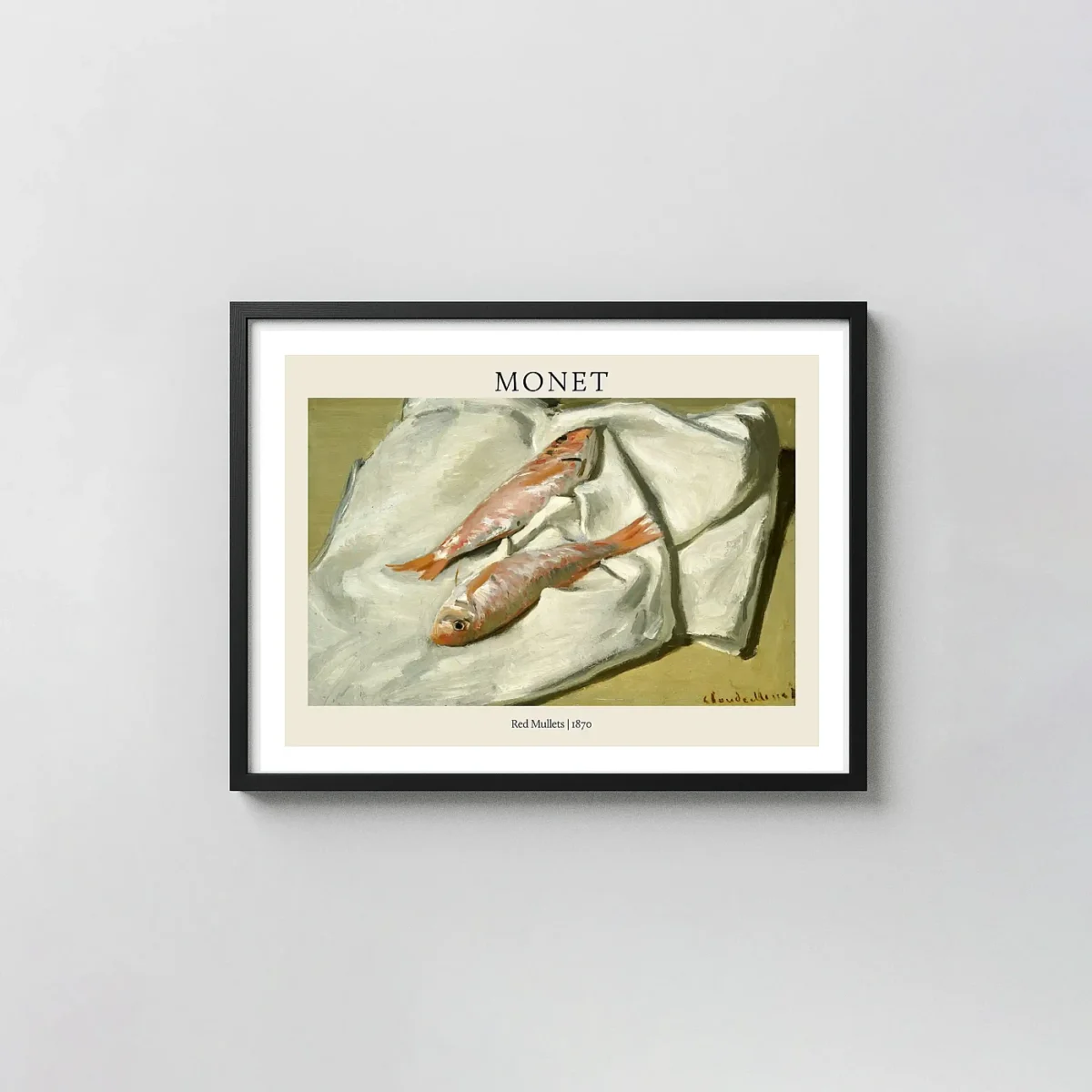 Claude Monet's "Red Mullets" (1870) Impressionist Still Life Oil Painting Claude Monet Paintings xe2x80x93 Landscape Frame Wall Art Mockup | MerchFuse