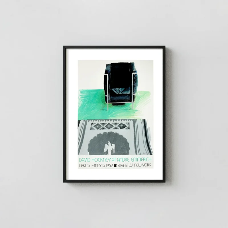 David Hockney "Chair and Rug" Exhibition Poster (1969) David Hockney Paintings xe2x80x93 Portrait Frame Wall Art Mockup | MerchFuse
