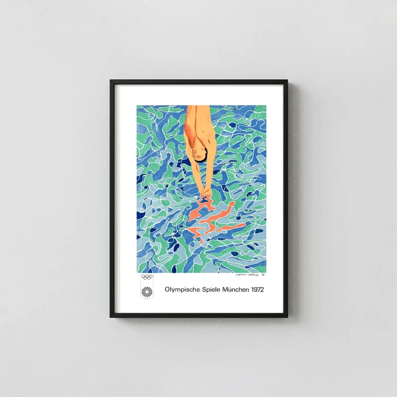 David Hockney Diver Poster (Munich 1972 Olympics) - Vintage Mid-Century David Hockney Paintings xe2x80x93 Portrait Frame Wall Art Mockup | MerchFuse