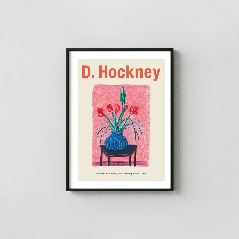 David Hockney Amaryllis in a Vase Poster (Moving Focus 1984) - Colorful Pop David Hockney Paintings xe2x80x93 Portrait Frame Wall Art Mockup | MerchFuse