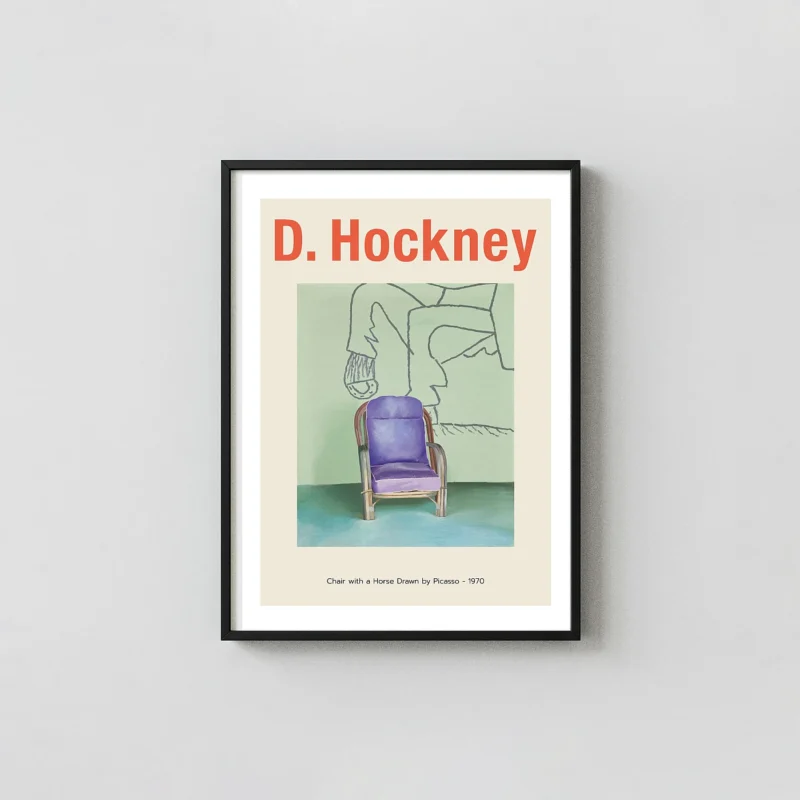 David Hockney "Chair with a Horse Drawn by Picasso" (1970) Modern Art David Hockney Paintings xe2x80x93 Portrait Frame Wall Art Mockup | MerchFuse