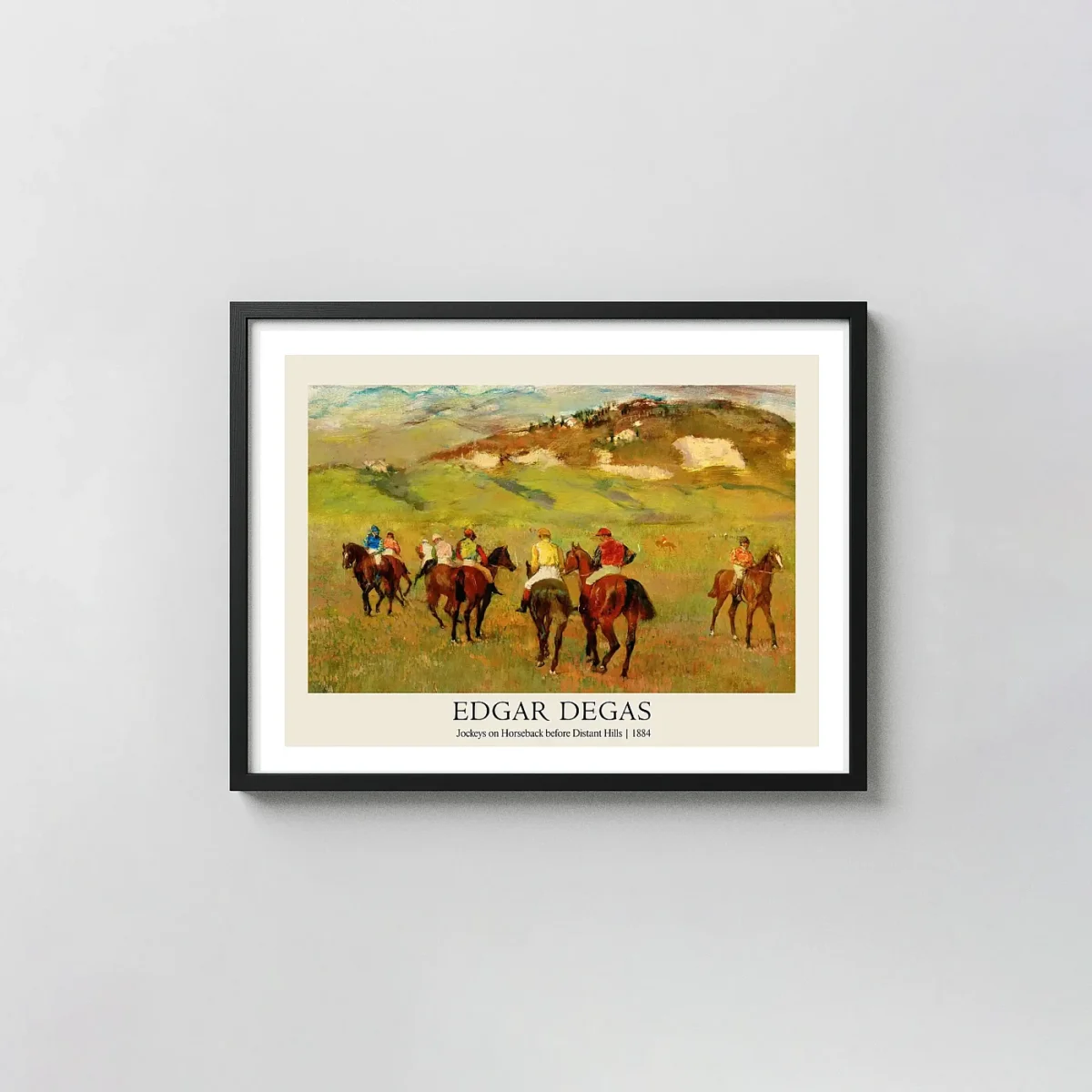 Edgar Degas Poster | Jockeys on Horseback before Distant Hills (1884) Impressionist Edgar Degas Paintings xe2x80x93 Landscape Frame Wall Art Mockup | MerchFuse