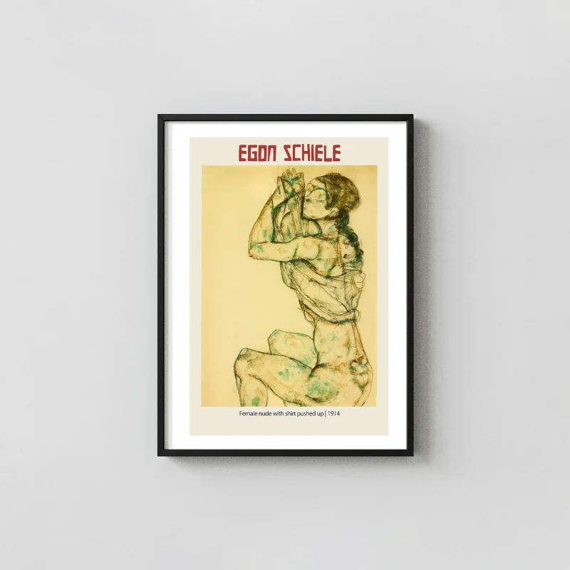 Egon Schiele Art Poster: "Female Nude with Shirt Pushed Up" (1914) Expressionist Drawing