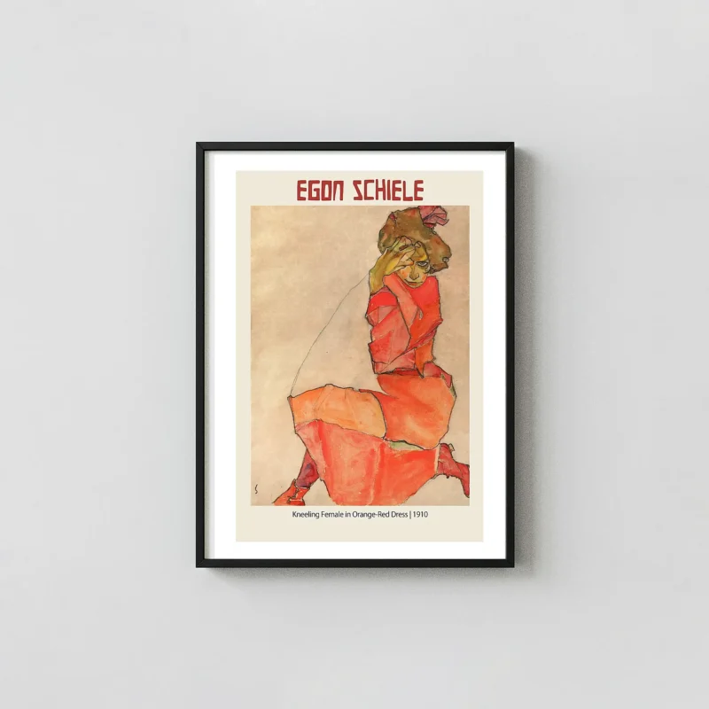 Egon Schiele Poster: Kneeling Female in Orange-Red Dress (1910) Expressionist Art Print