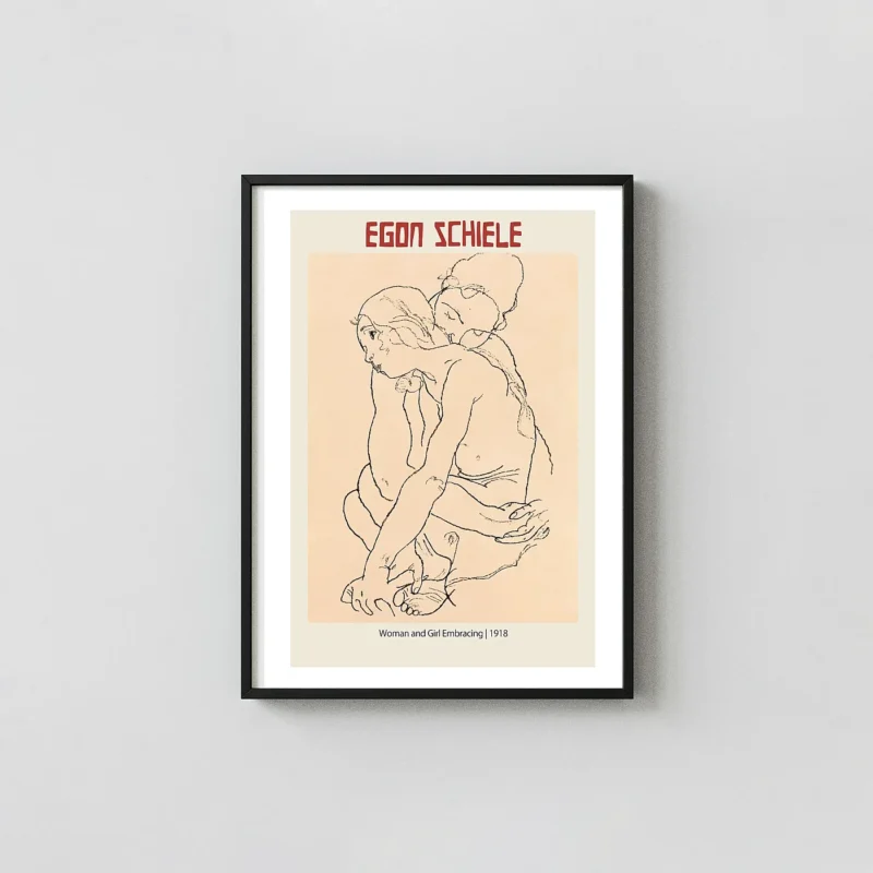 Egon Schiele Woman and Girl Embracing (1918) Expressionist Drawing Poster Print