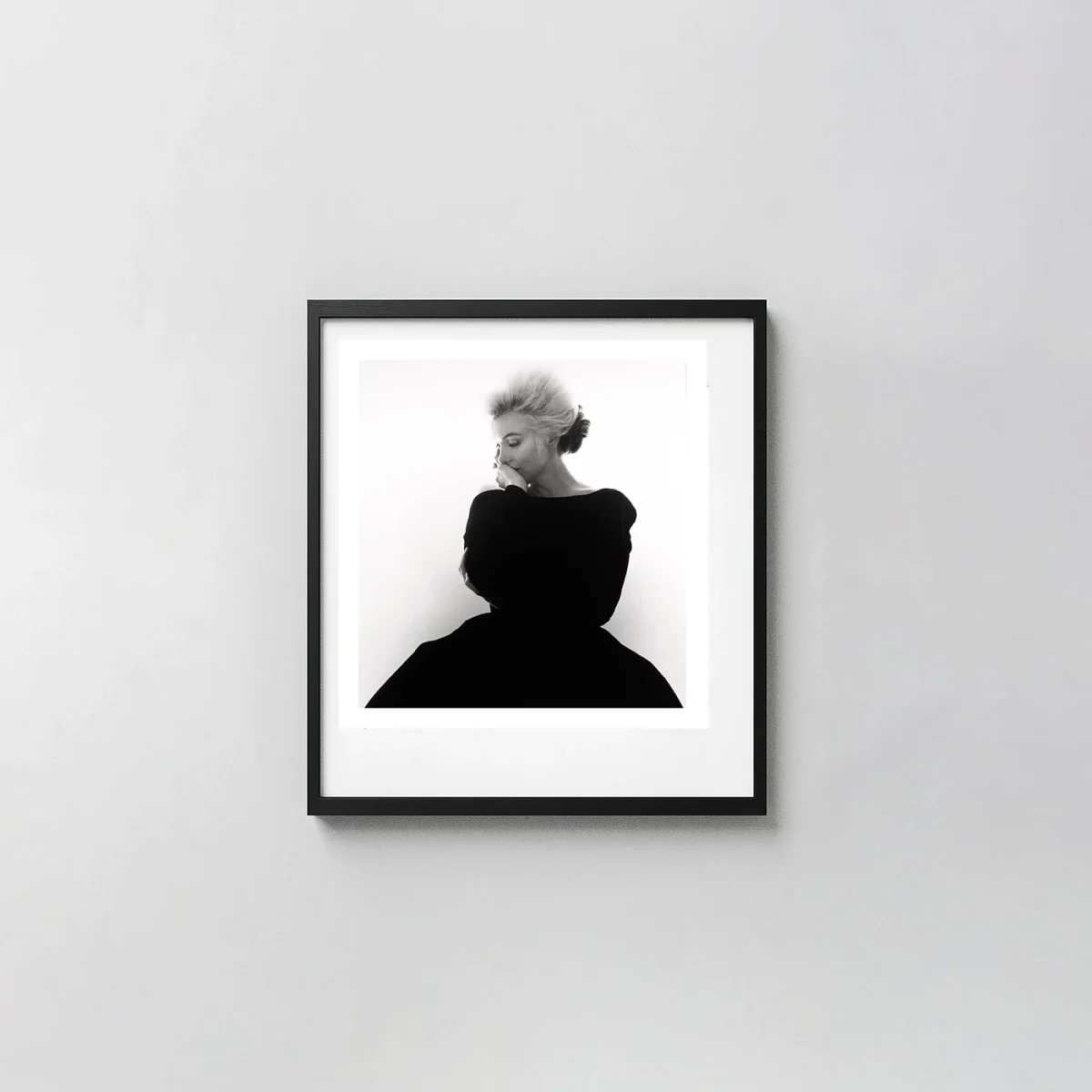 Marilyn Monroe by Bert Stern | Celebrity Photo Poster | Black & White Pensive Portrait Photography Prints xe2x80x93 Square Frame Wall Art Mockup | MerchFuse