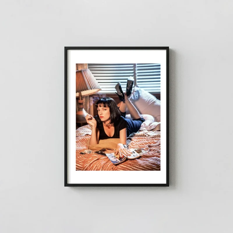 Pulp Fiction Mia Wallace | Movie Poster | Iconic Smoking Bed Scene Photography Prints xe2x80x93 Portrait Frame Wall Art Mockup | MerchFuse
