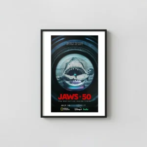 Jaws @ 50 Documentary Poster | Iconic Shark Attack Wall Movie Posters xe2x80x93 Portrait Frame Wall Art Mockup | MerchFuse