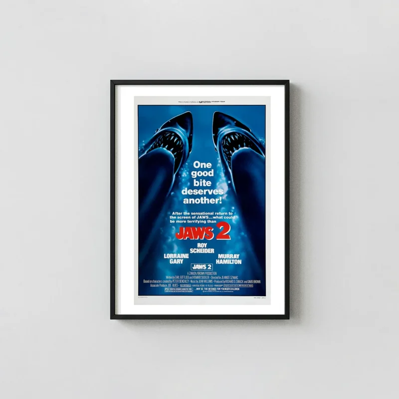 Jaws 2 | Movie Poster | Dual Shark Attack Vintage Film Horror Movies Posters xe2x80x93 Portrait Frame Wall Art Mockup | MerchFuse