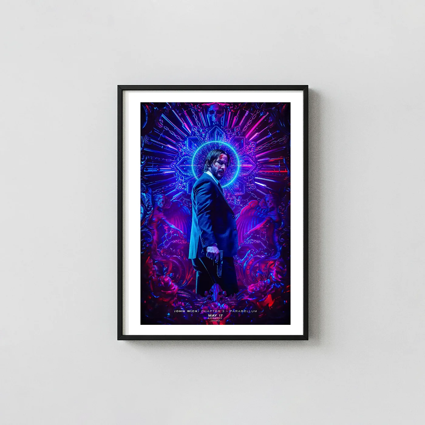 John Wick: Chapter 3 Parabellum | Movie Poster | Neon Halo Shrine Art Print John Wick: Chapter 3 Parabellum | Movie Poster | Neon Halo Shrine Action &Amp; Adventure Movie Posters Xe2X80X93 Portrait Frame Wall Art Mockup | Merchfuse
