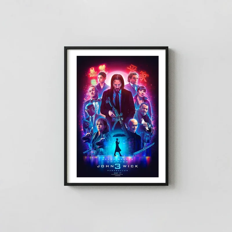 John Wick 3: Parabellum | Movie Poster | Cyberpunk Neon Ensemble Action & Adventure Movie Posters xe2x80x93 Portrait Frame Wall Art Mockup | MerchFuse