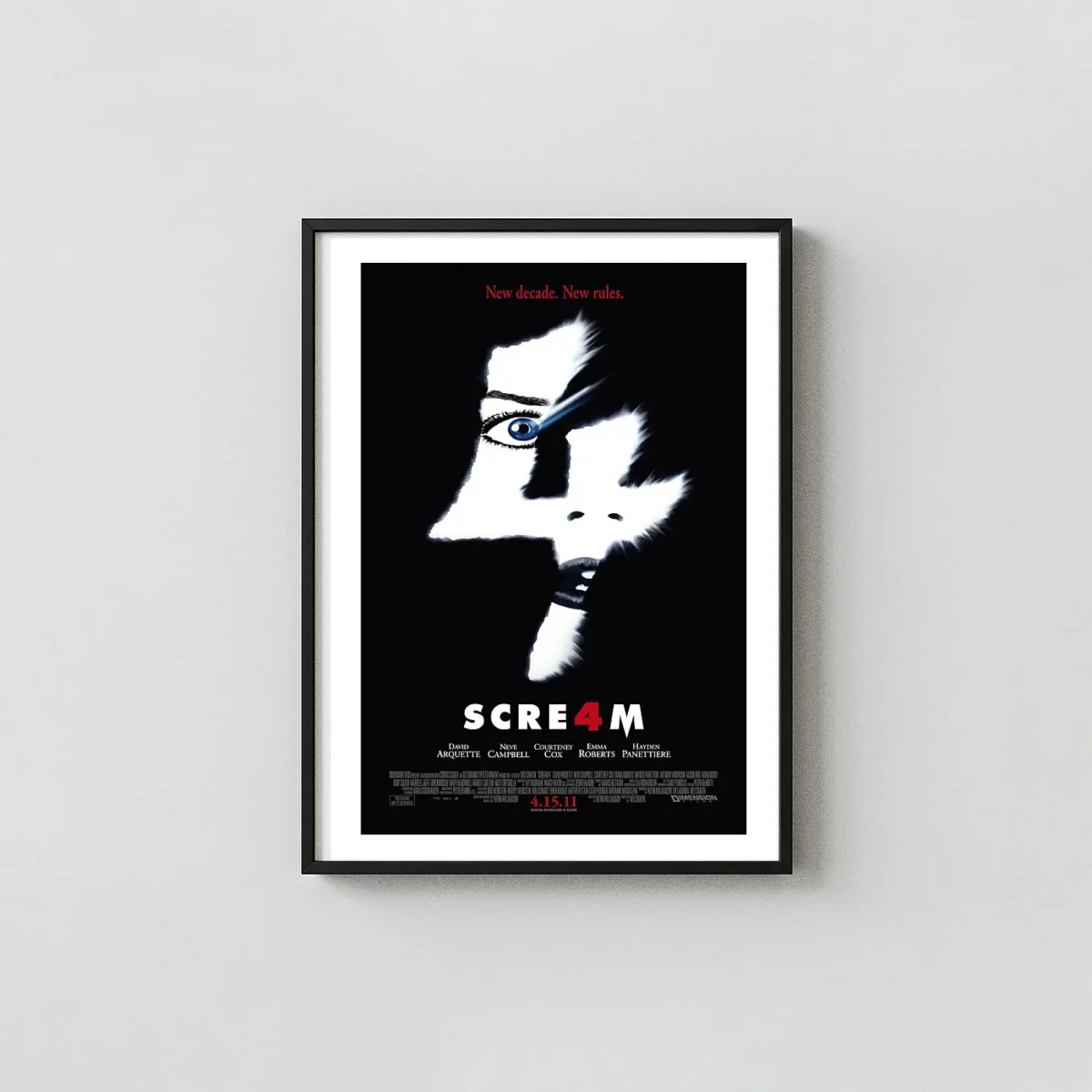 Scream 4 | Movie Poster | Iconic Black & White '4' Wall Horror Movies Posters xe2x80x93 Portrait Frame Wall Art Mockup | MerchFuse