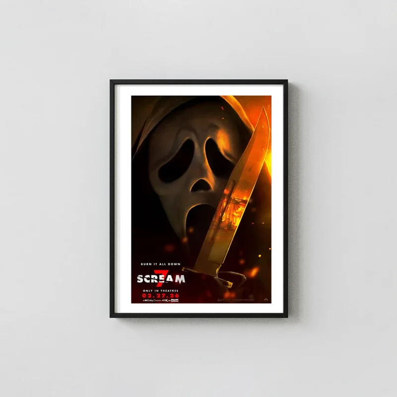 Scream 7 Movie Poster | Ghostface, Knife & Fire Reflection Art Horror Movies Posters xe2x80x93 Portrait Frame Wall Art Mockup | MerchFuse