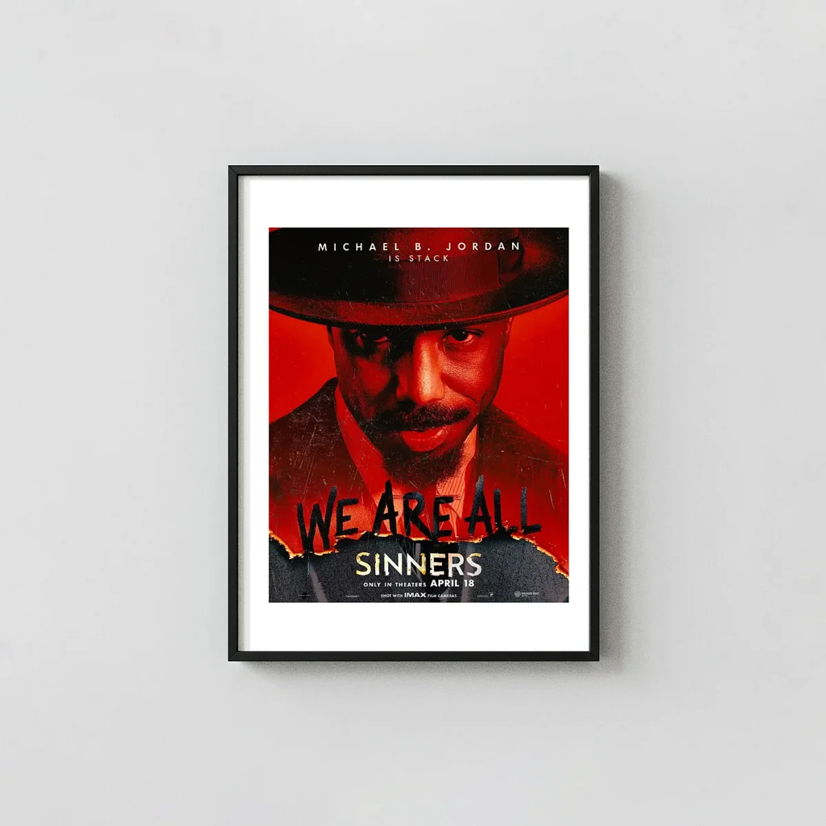 Sinners Movie Poster | Michael B. Jordan as Stack | Dramatic Red Action & Adventure Movie Posters xe2x80x93 Portrait Frame Wall Art Mockup | MerchFuse