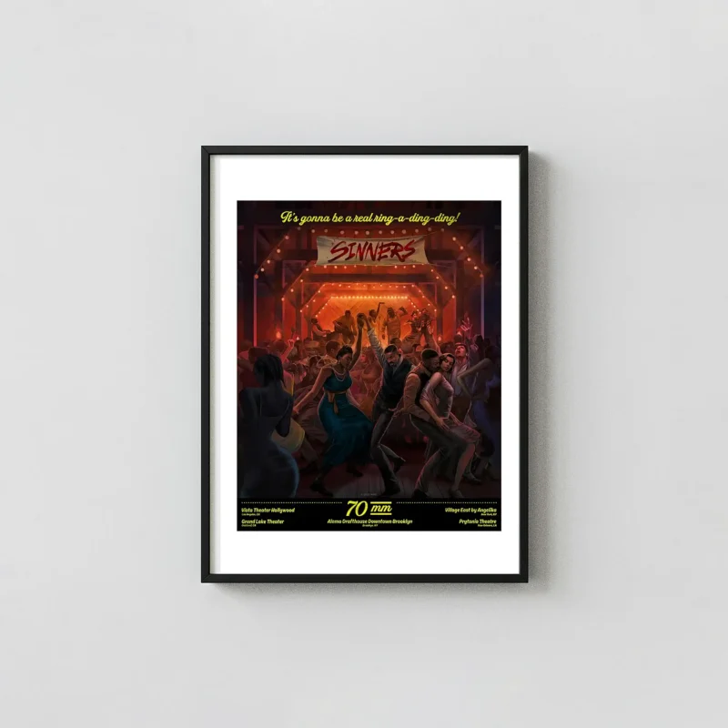 Sinners | Movie Poster | Energetic Juke Joint Dance Scene Art Action & Adventure Movie Posters xe2x80x93 Portrait Frame Wall Art Mockup | MerchFuse